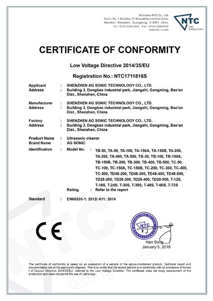 Chine AG SONIC TECHNOLOGY LIMITED Certifications